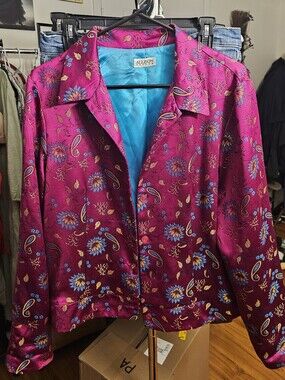 Allison Taylor Magenta Floral Paisley Button Jacket with Turquoise Lining